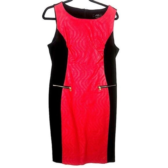 Midnight Velvet Red & Black Sleeveless Sheath Dress With Textured Front & Zipper - Picture 3 of 8
